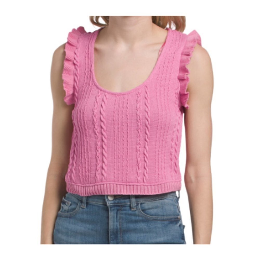 NWT Zara Sleeveless Ruffle Top Blouse Cable-Knit Pink Scoop Neck Stretch L